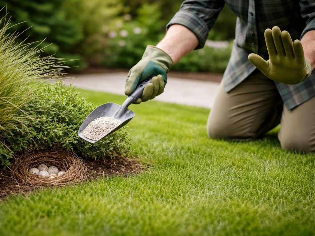Tuinier houdt afstand van strooikorrels bij een nestplek in het gazon, geen chemicaliën zichtbaar.
