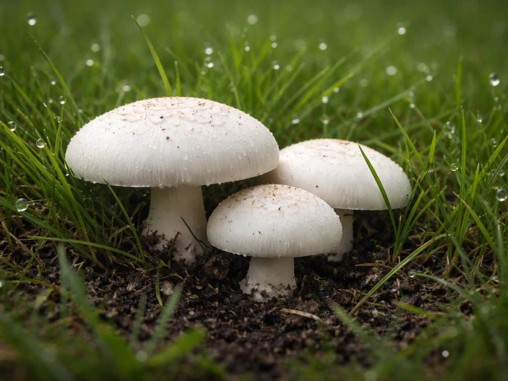 Witte paddenstoelen groeien in nat Nederlands gazon, close-up met duidelijke wit-in-het-gras textuur.