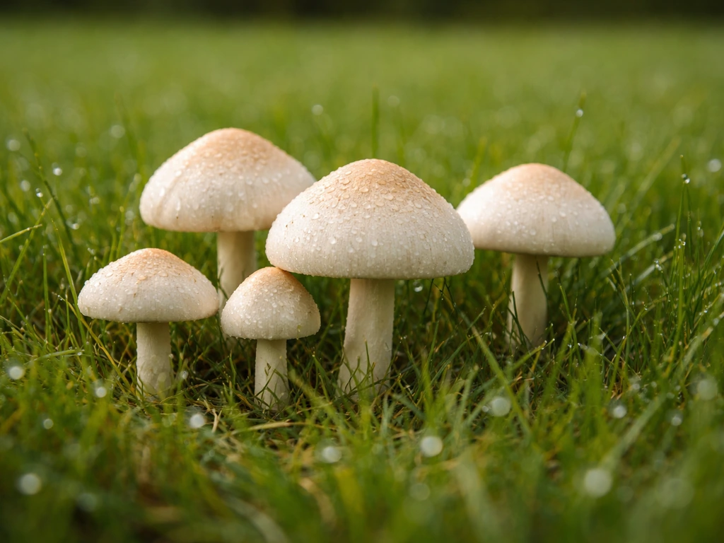 Witte paddenstoelen tussen het gazon, met natte grond en zichtbare hoedkleur en plek in het gras.