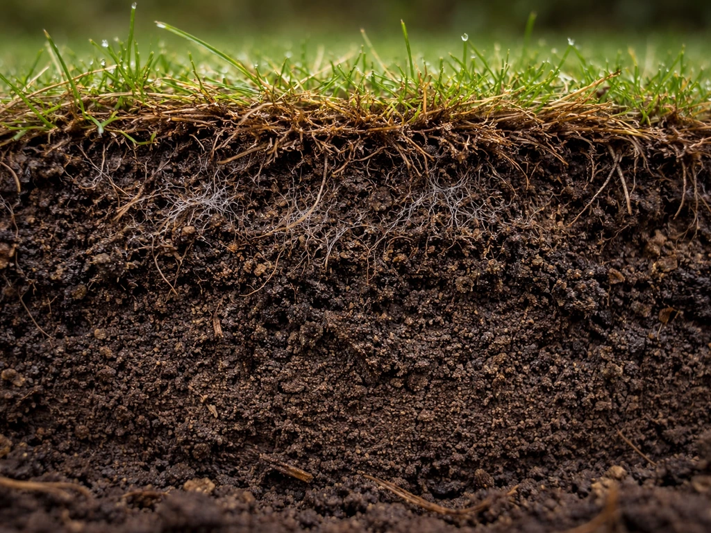 Fotorealistische doorsnede van gazonbodem met vochtig vilt en organisch maaisel waar paddenstoelenchimmels op gedijen.