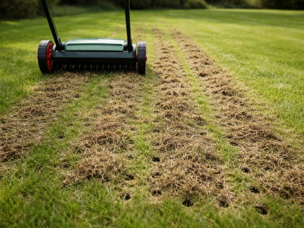 Gazon met zichtbare beluchtingsgaten en losgekomen viltlaag na verticuteren