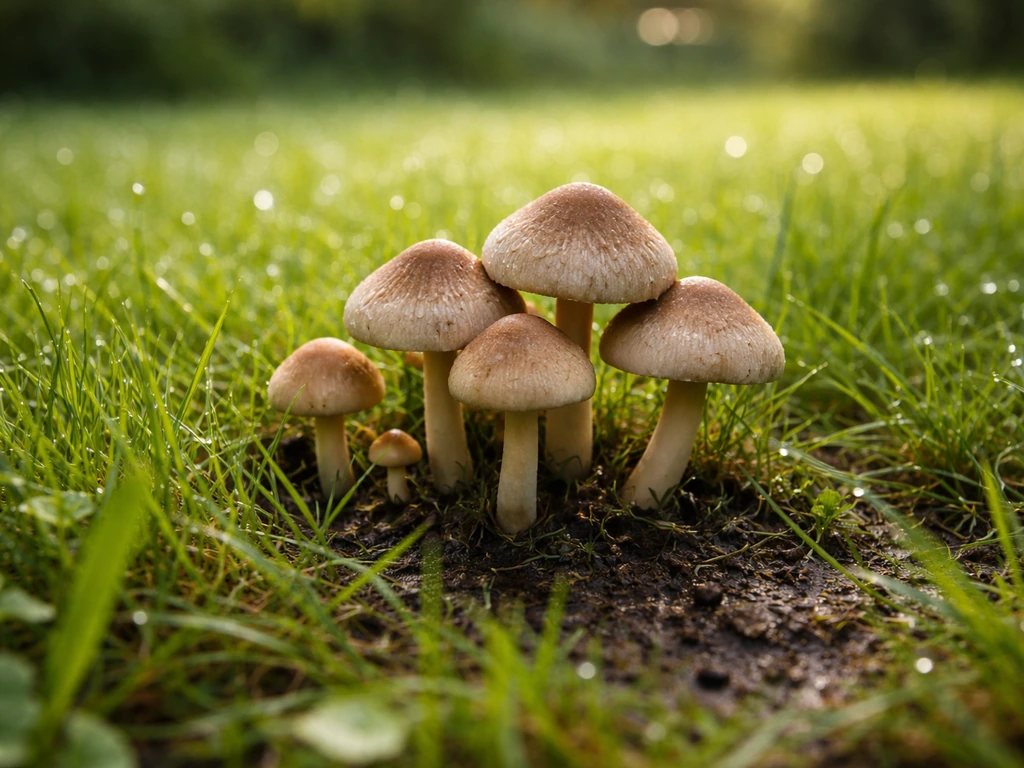 Close-up van paddestoelen tussen gras op een Nederlands gazon, met vochtige bodem en dauwdruppels.