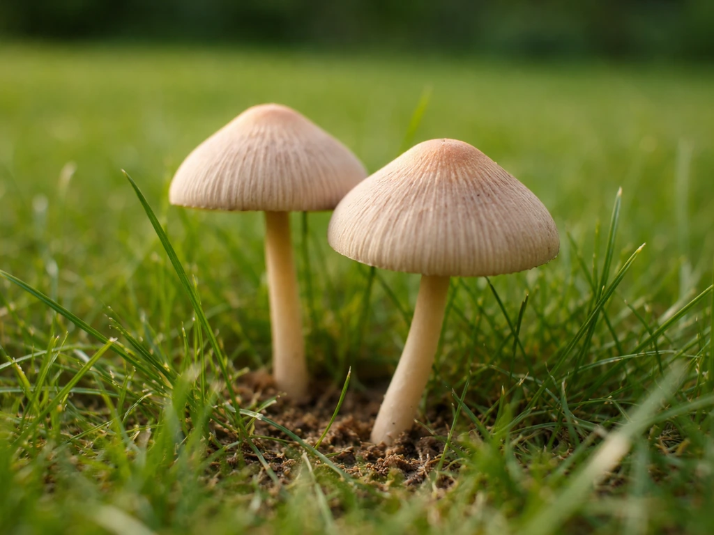 Close-up van een paddenstoel tussen het gras in een Nederlands gazon, met focus op de vruchtlichamen