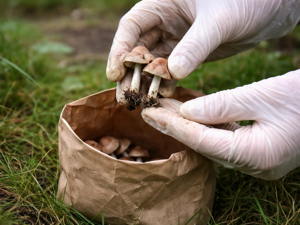 Close-up van iemand met handschoenen die paddestoelen voorzichtig wegpakt in een verzamelzakje.