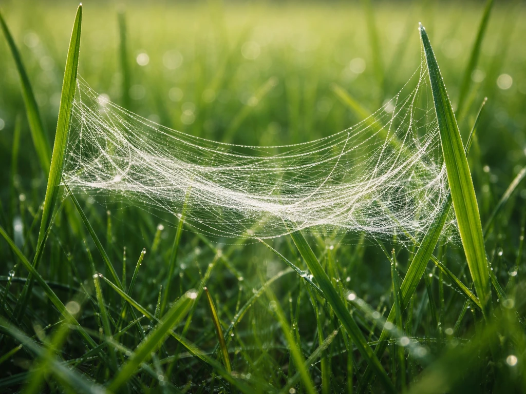 Close-up van spinnenwebjes tussen grassprieten in een Nederlands gazon, scherp zichtbaar in natuurlijk licht