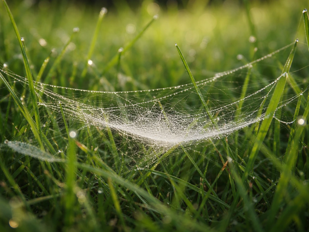 Dauwdruppels op een horizontale spinnenweblaag tussen grassprieten in een weilandje.