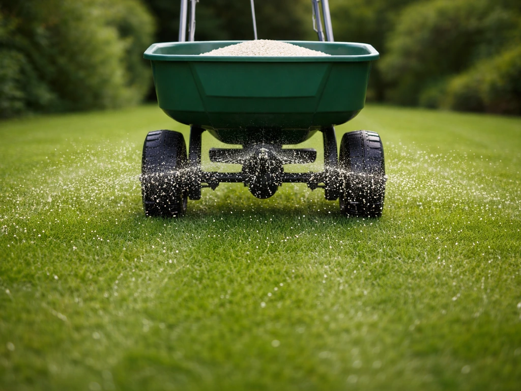 Meststrooier over een groen gazon met egale strooipatroon en korrels op het gras