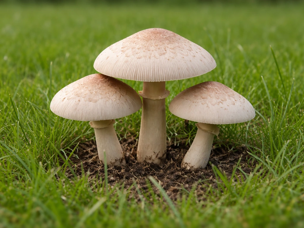 Close-up van paddenstoelen in het gras met zichtbare aangroeiplaats in een gazonrand