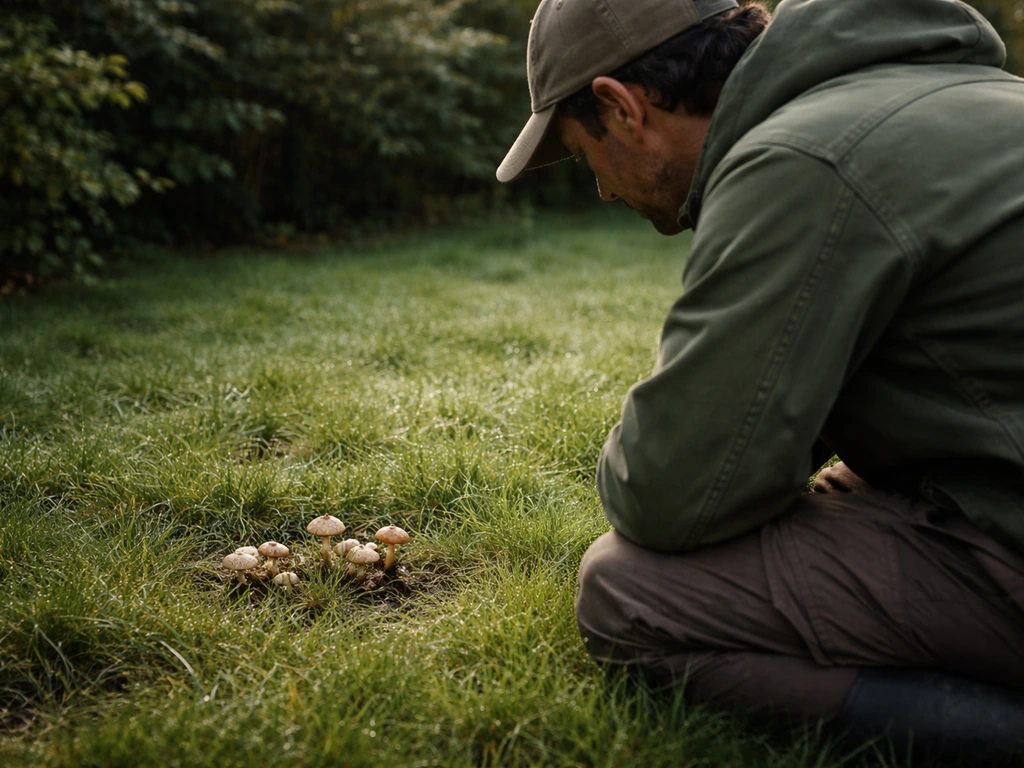 Anonieme tuinier knielt in het gazon en kijkt naar paddenstoelen die daar opschieten.