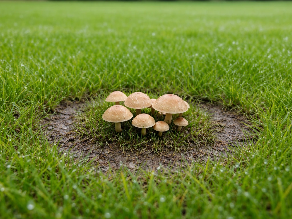 Groene tuin met regenwaterdruppels; enkele paddenstoelen in een duidelijke ring in het gazon.