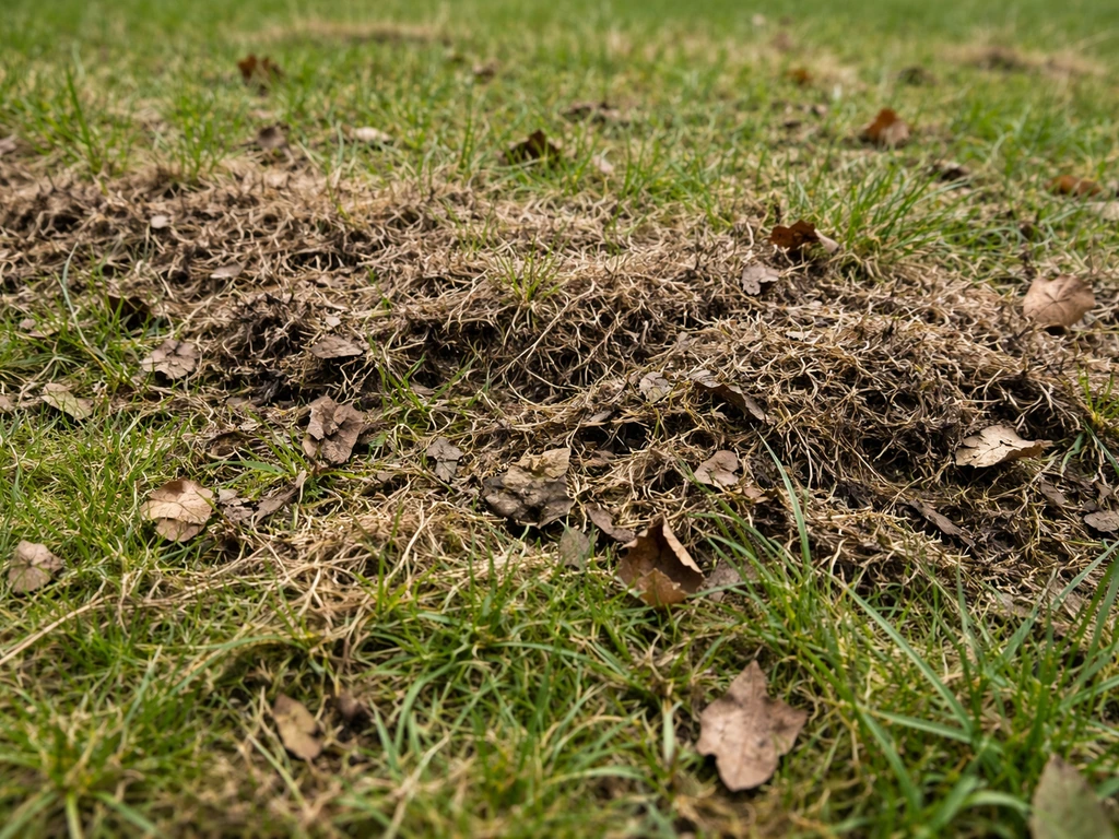 Close-up van een gazon met zichtbare bladresten, maaisel en een viltige laag bovenop het gras