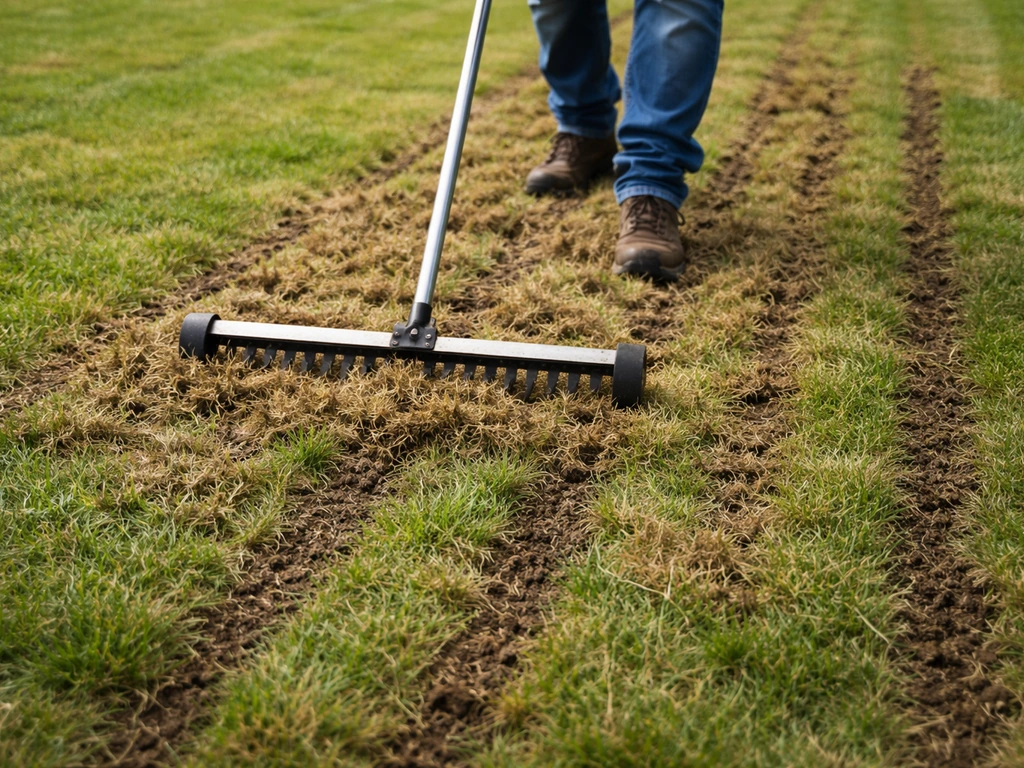 Een anonieme handeling: verticuteren op een gazon met zichtbare opengewerkte bodem en losgekomen viltlaag.