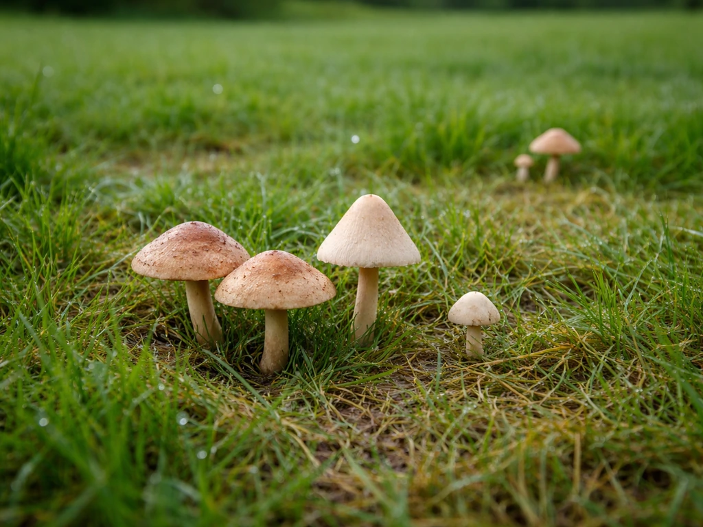 Sfeervol gazon na regen met enkele paddenstoelen die opvallen bij vochtige, viltige grasplukken.