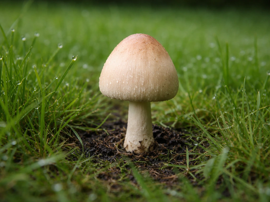 Close-up van een paddenstoel in vochtig gazon, met donker bodemvilt en gras dat licht doorbuigt.