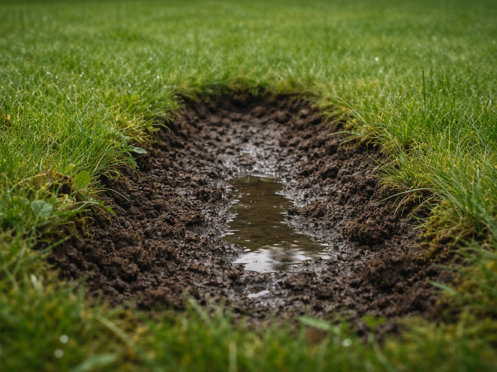 Vochtig, donker gazon met stagnerend water en een open strook aarde, zonder paddenstoelen.