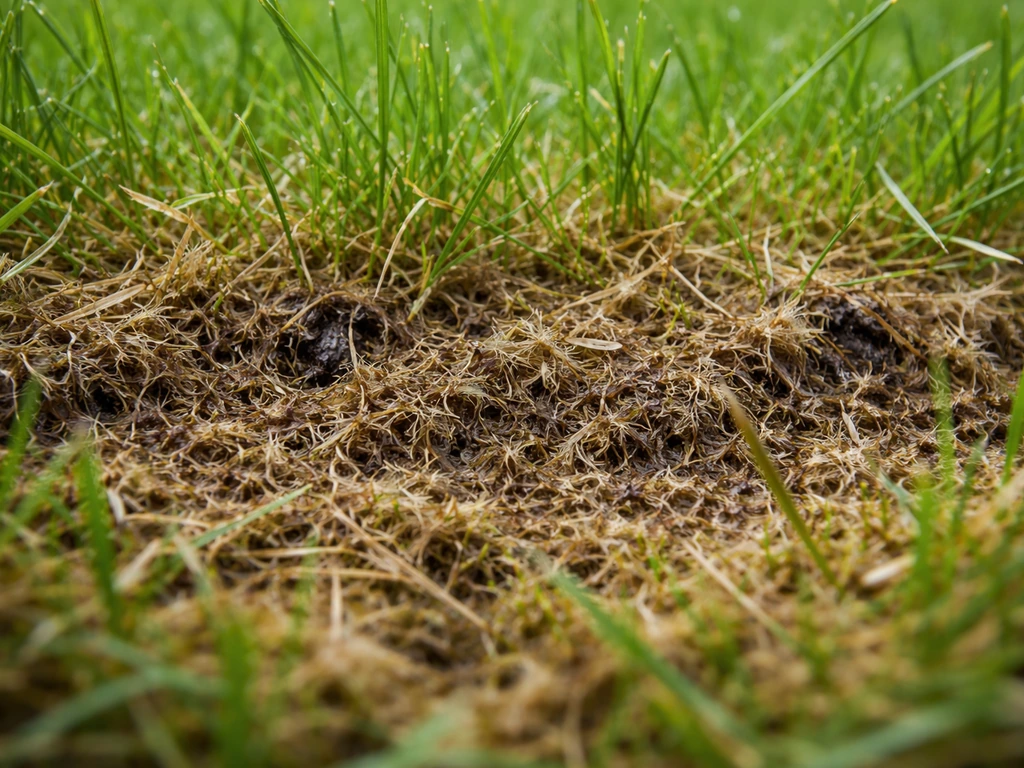 Close-up van de zichtbare viltlaag tussen grassprietjes op een gazon, met duidelijke textuur en dikte.