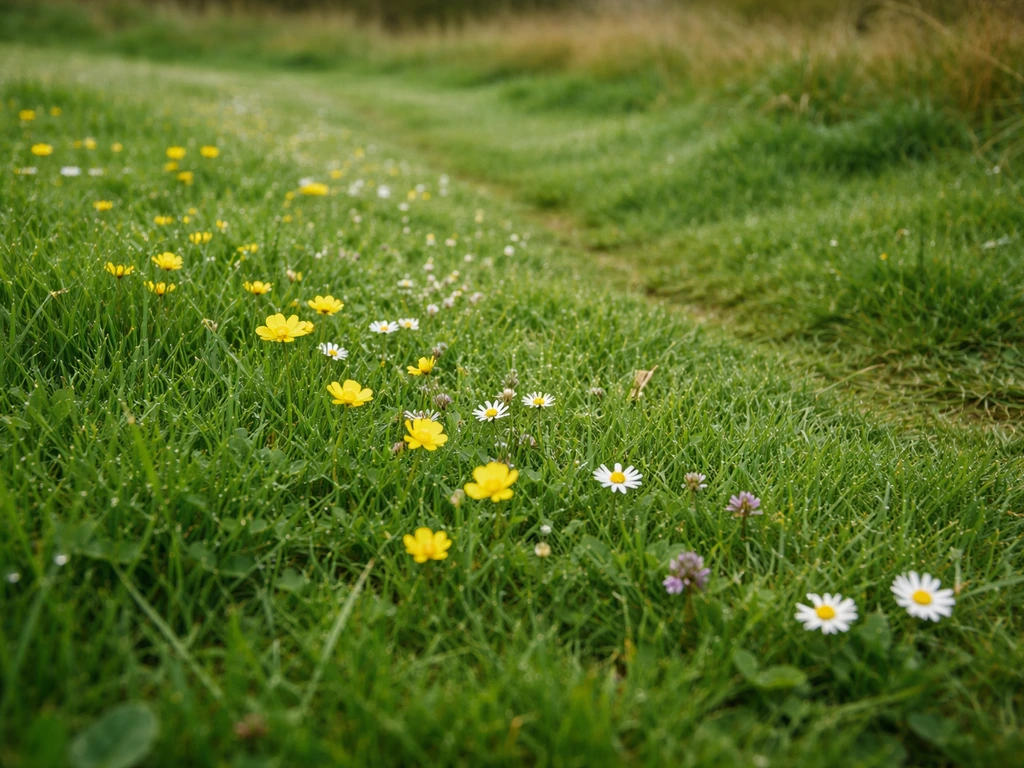Een gazon met verspreide gele bloemetjes en kleine bloemen tussen het gras, close-up met dauw.