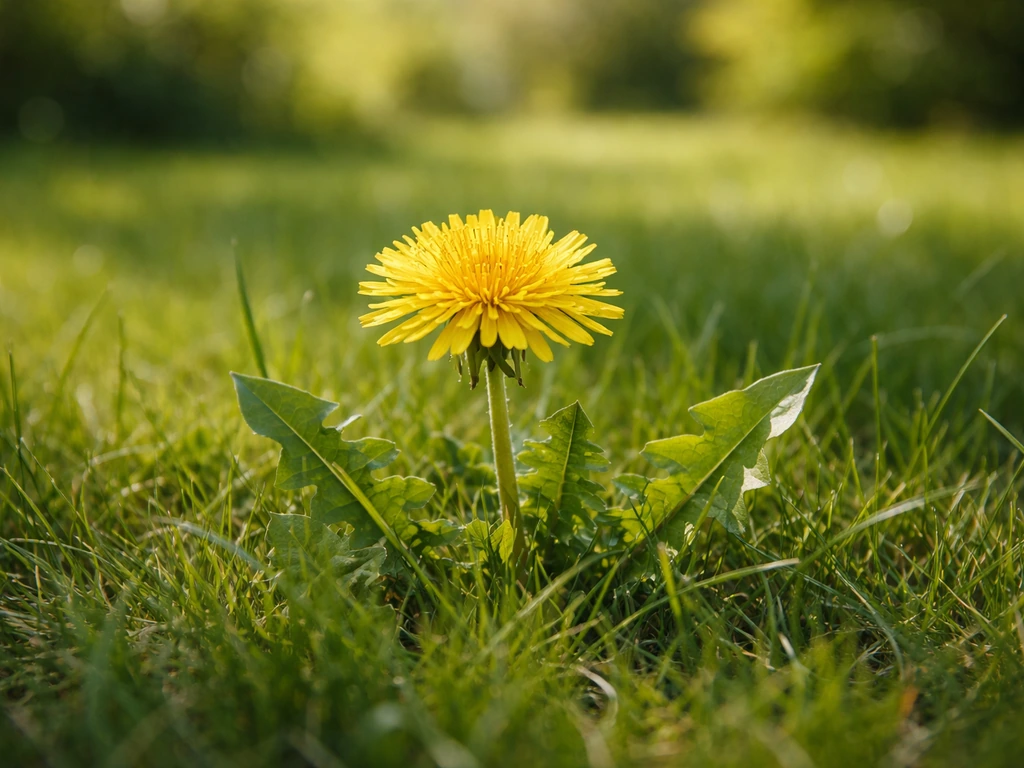 Paardenbloem met gele bloem en groene bladeren tussen het gras in een zonovergoten tuin in april