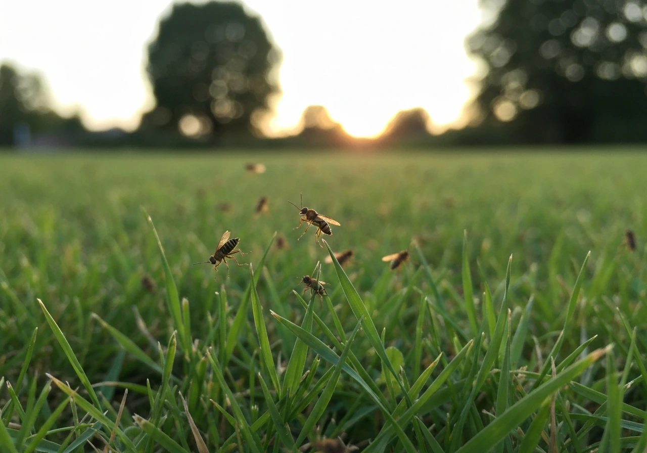 Meikevers in het gras bij schemering, dichtbij in de zachte schijn van de ondergaande zon.