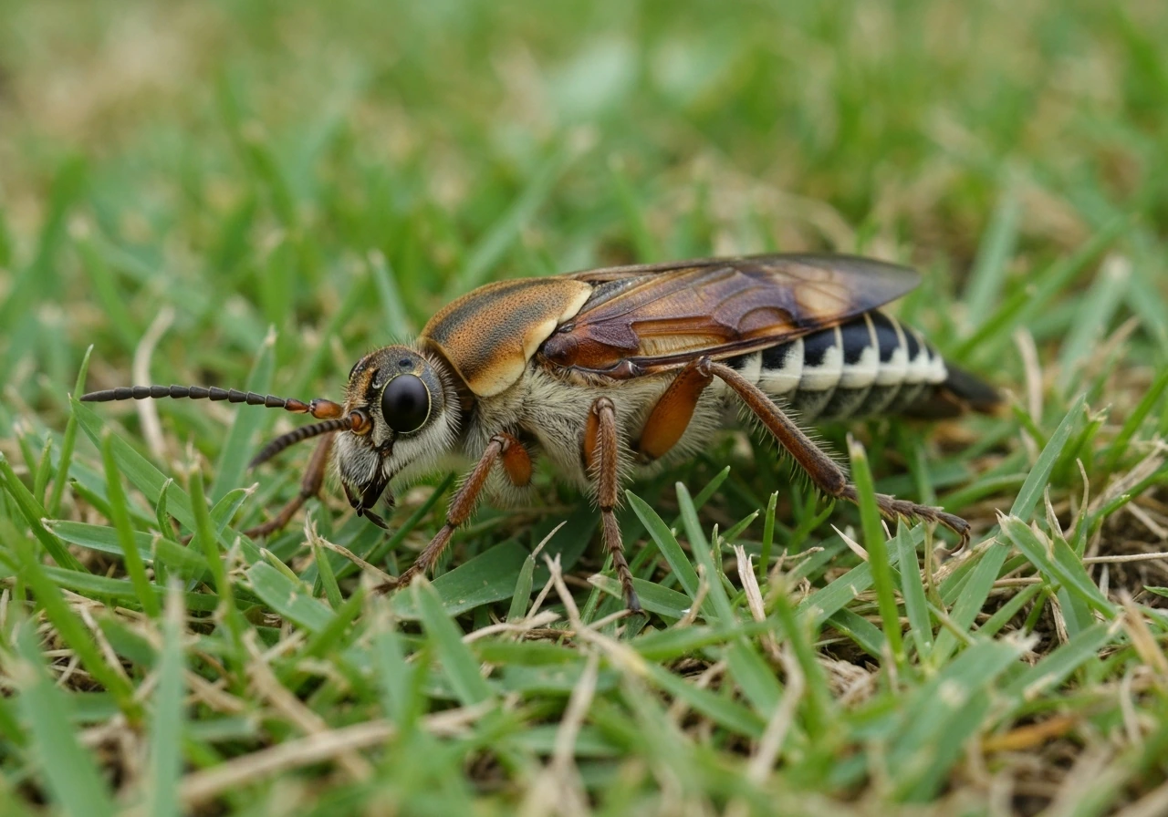 Close-up van een gewone meikever op gras, met bruine dekschilden en zichtbare waaier-antennen.