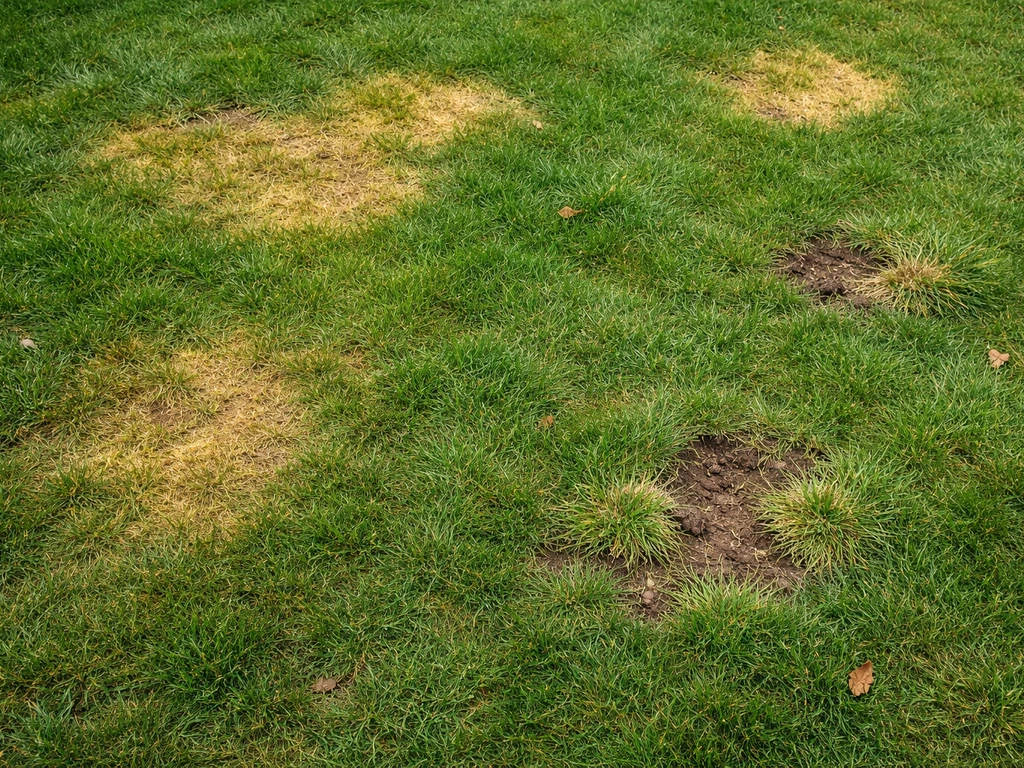 Bovenaanzicht van een gazon met gele en bruine vlekken en plekjes met losgetrokken gras.