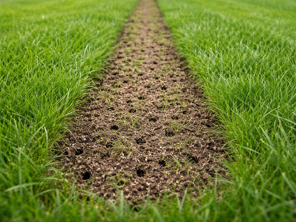 Doorgeseaide en geventileerde strook gazon met dicht gesloten graspol, in natuurlijk licht.