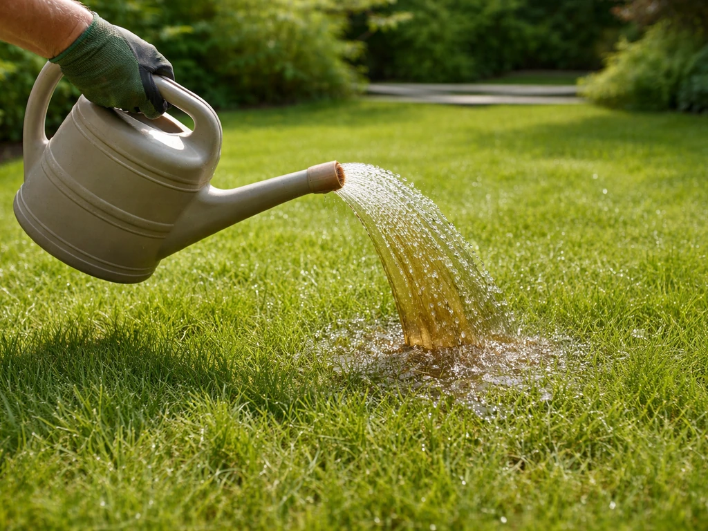 Tuinier giet verdunde aaltjessoep uit een gieter op gras voor biologische bestrijding