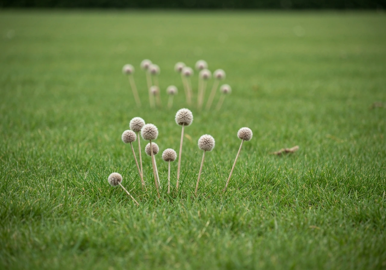 Kleine groep paddenstoelen in een Nederlands gazon, met gras en viltlaag-achtige context bij warm daglicht.