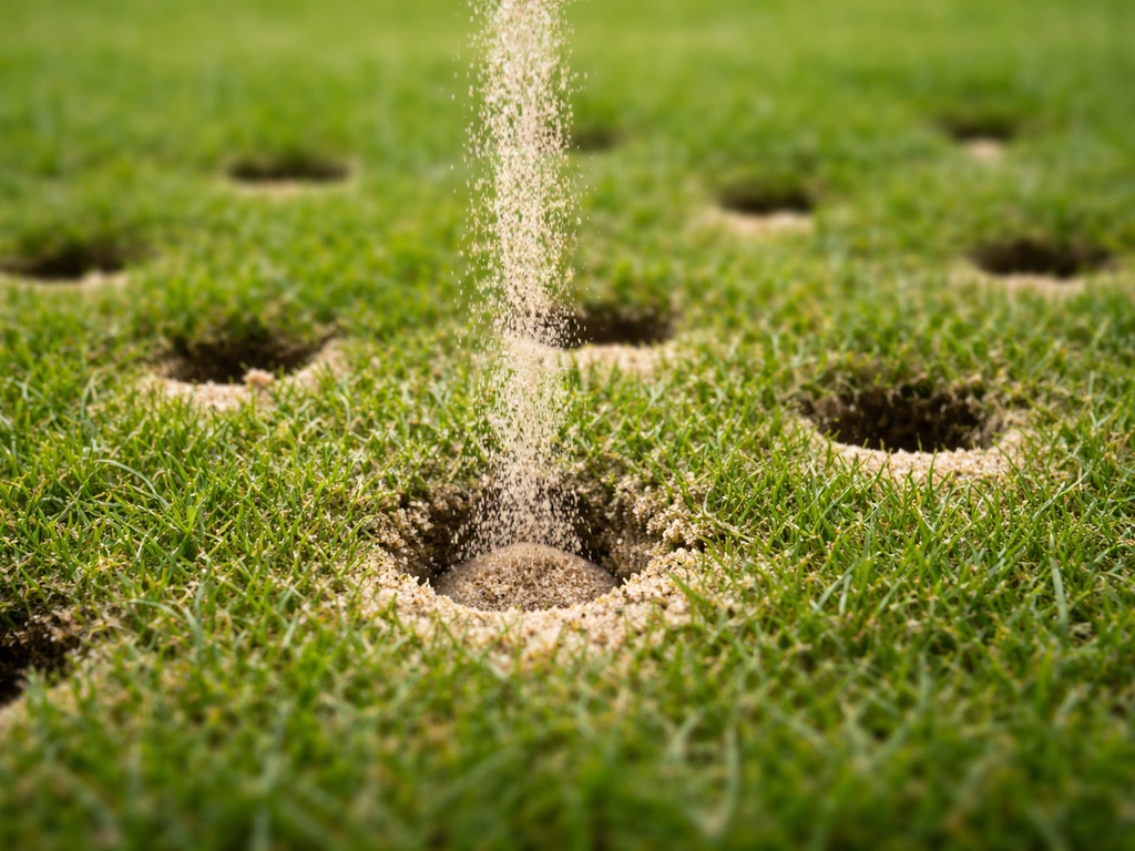 Detail van beluchtingsgaten in een gazon waar scherp zand wordt ingebracht voor betere drainage.
