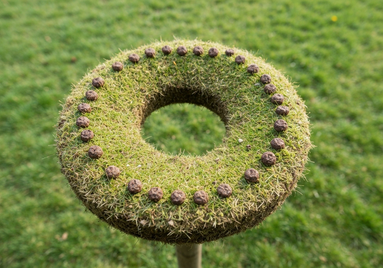 Een ring van paddenstoelen in het gazon, zichtbaar als ‘heksenkring’ met aarde en gras eromheen.
