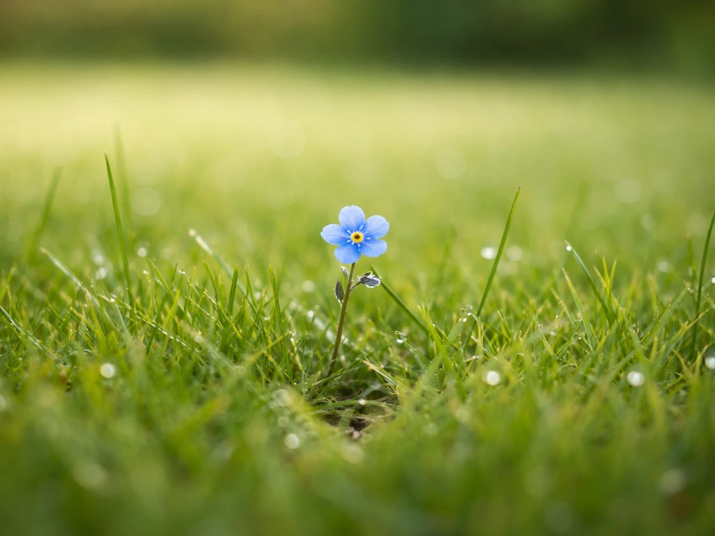 Scherpe close-up van een klein blauw bloemetje in Nederlands gazon, onscherpe groene achtergrond