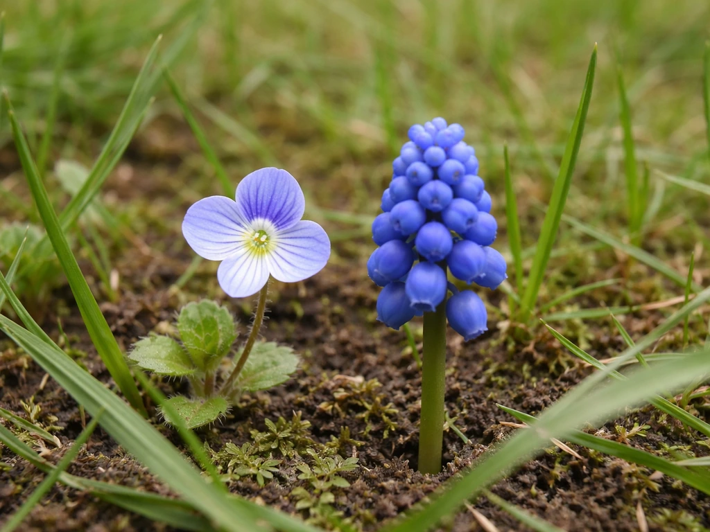 Close-up van twee verschillende kleine blauwe bloemetjes in het gazon: draadereprijs en blauw druifje.