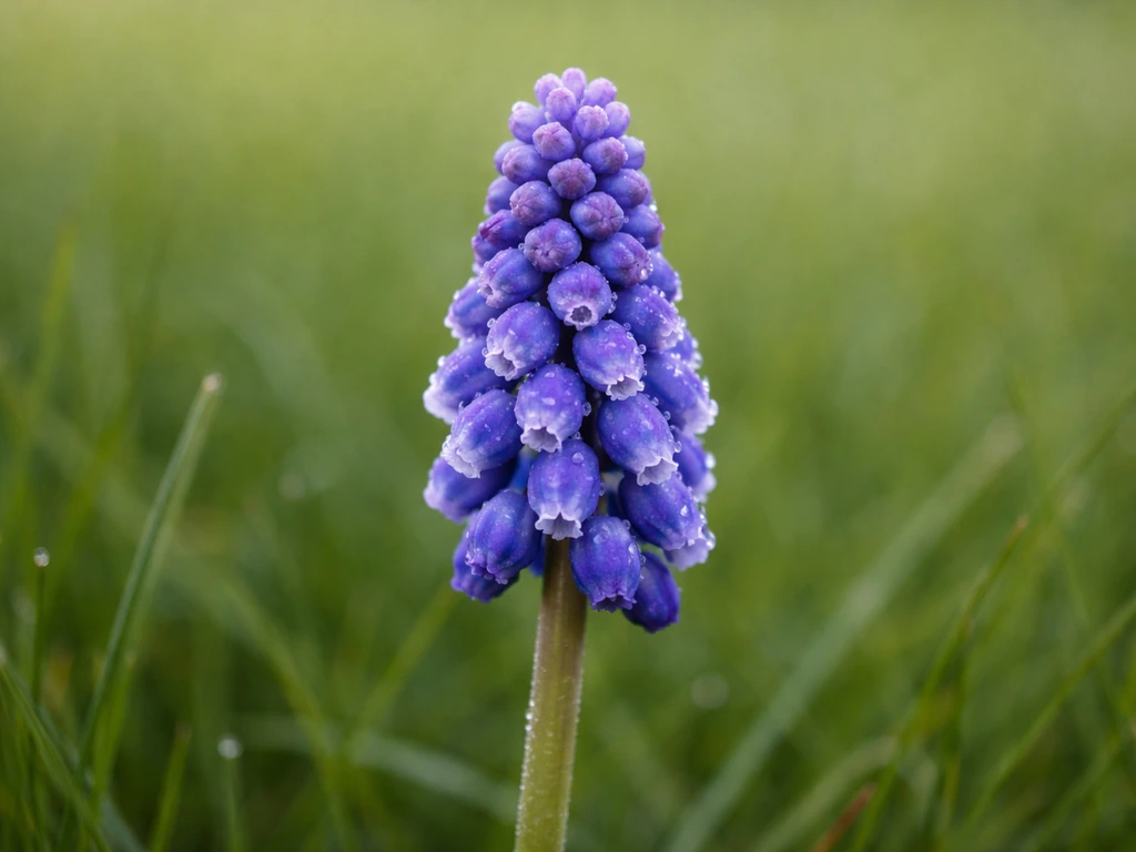 Blauw druifje in een dichte aarvormige tros met klokvormige blauwe bloemetjes in het gazon