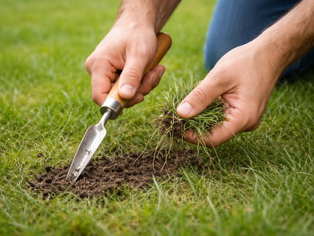 Handen met wiedsteker die een klein plukje onkruid uit het gazon verwijdert, losse aarde zichtbaar.