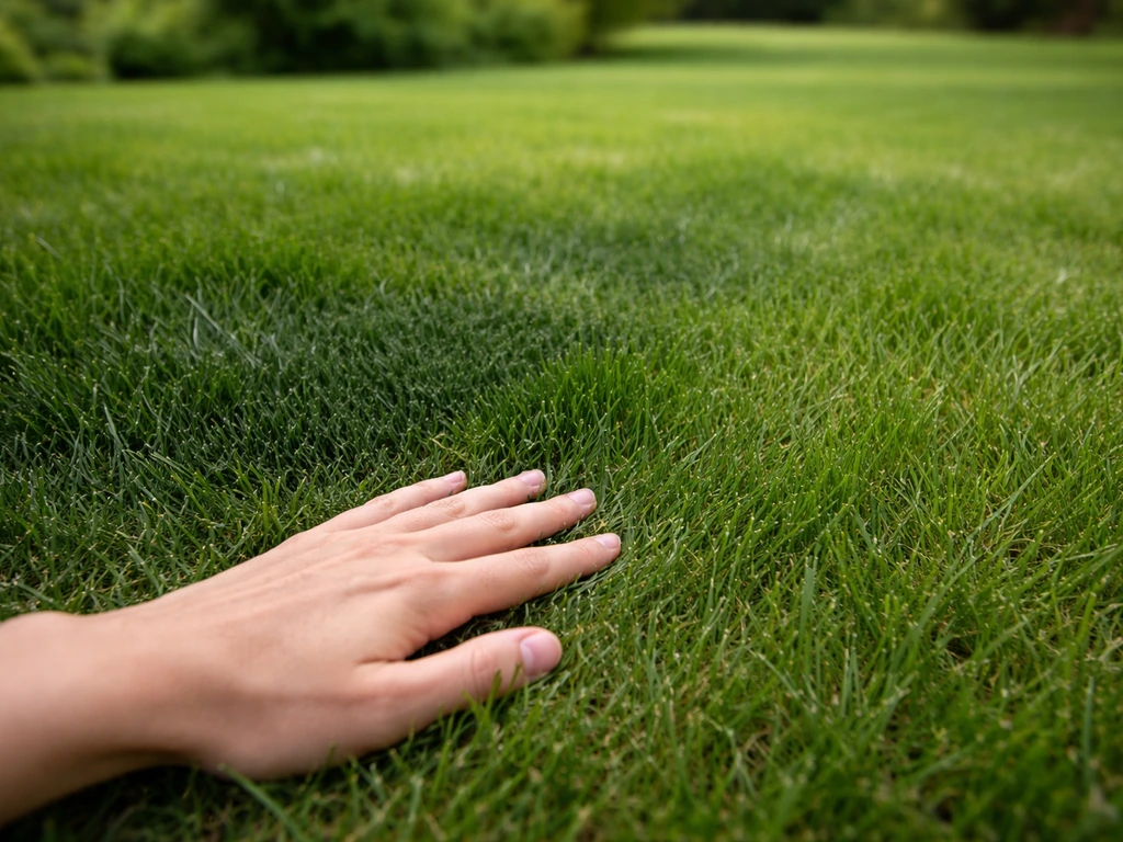 Close-up van donkergroene grasplek; een hand beoordeelt voorzichtig de structuur en glans van het gras.