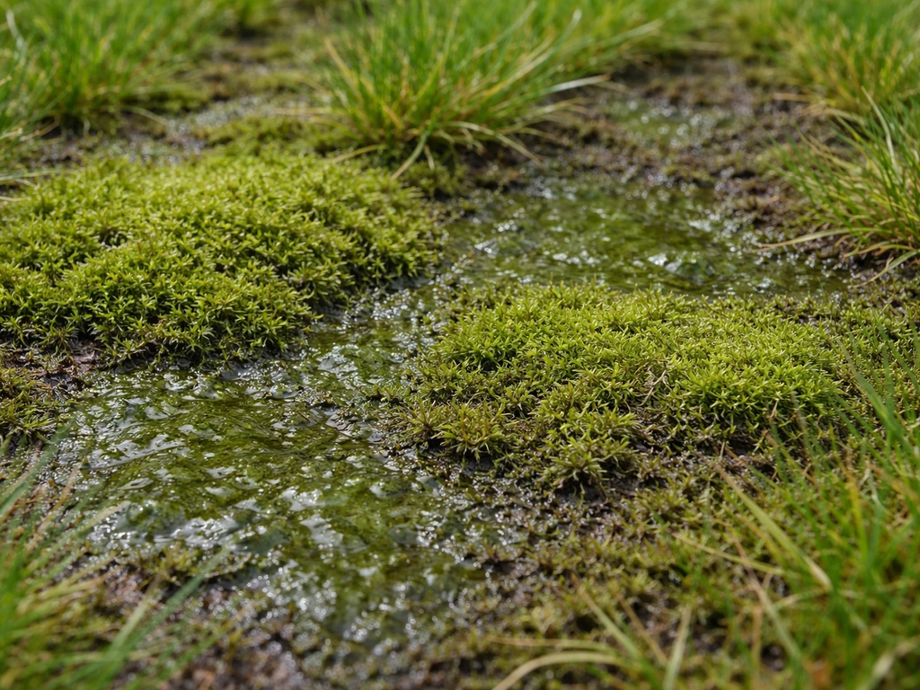 Donkergroen gazon met zichtbare mos- en algenplekken, dichtbij gefotografeerd bij natuurlijk licht.