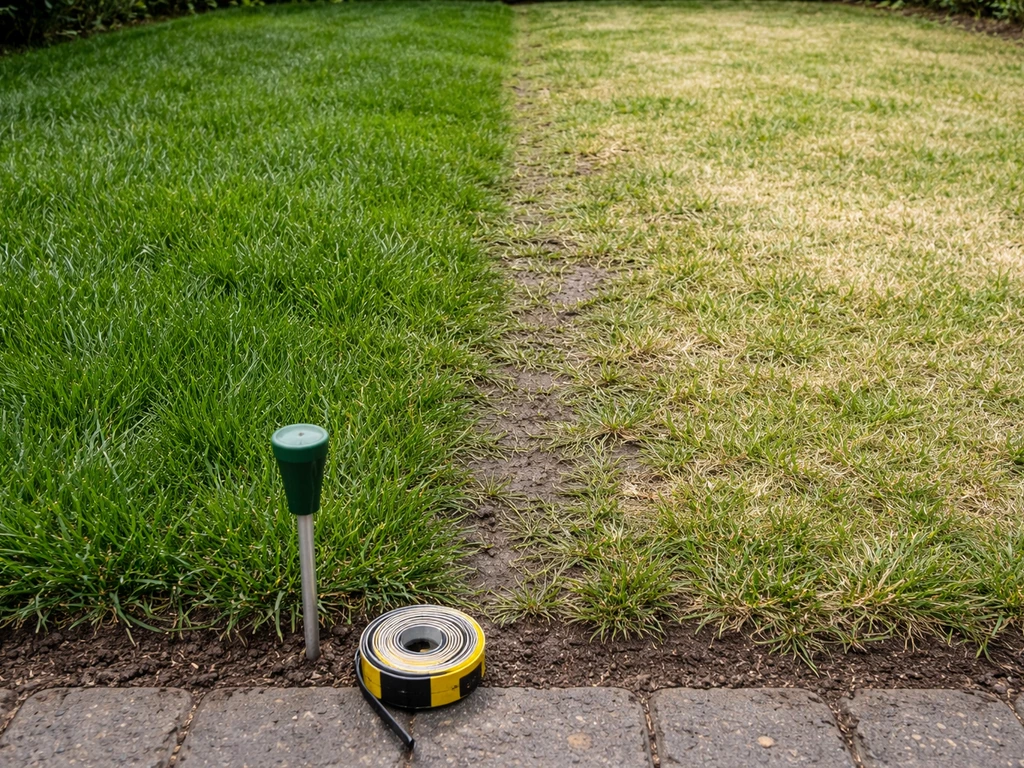 Twee graszones in een tuin met zichtbare vochtverschillen, met een vochtmeter en meetlint op de grond