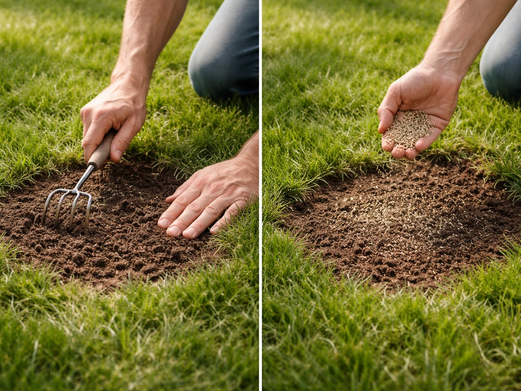 Doorzaaien van een kale plek in het gazon met losse aarde en ingezaaide stroken graszaad