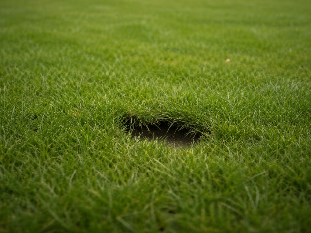 Close-up van een groen gazon met een bijna onzichtbare ingedeukte plek die aan een addertje onder het gras doet denken.