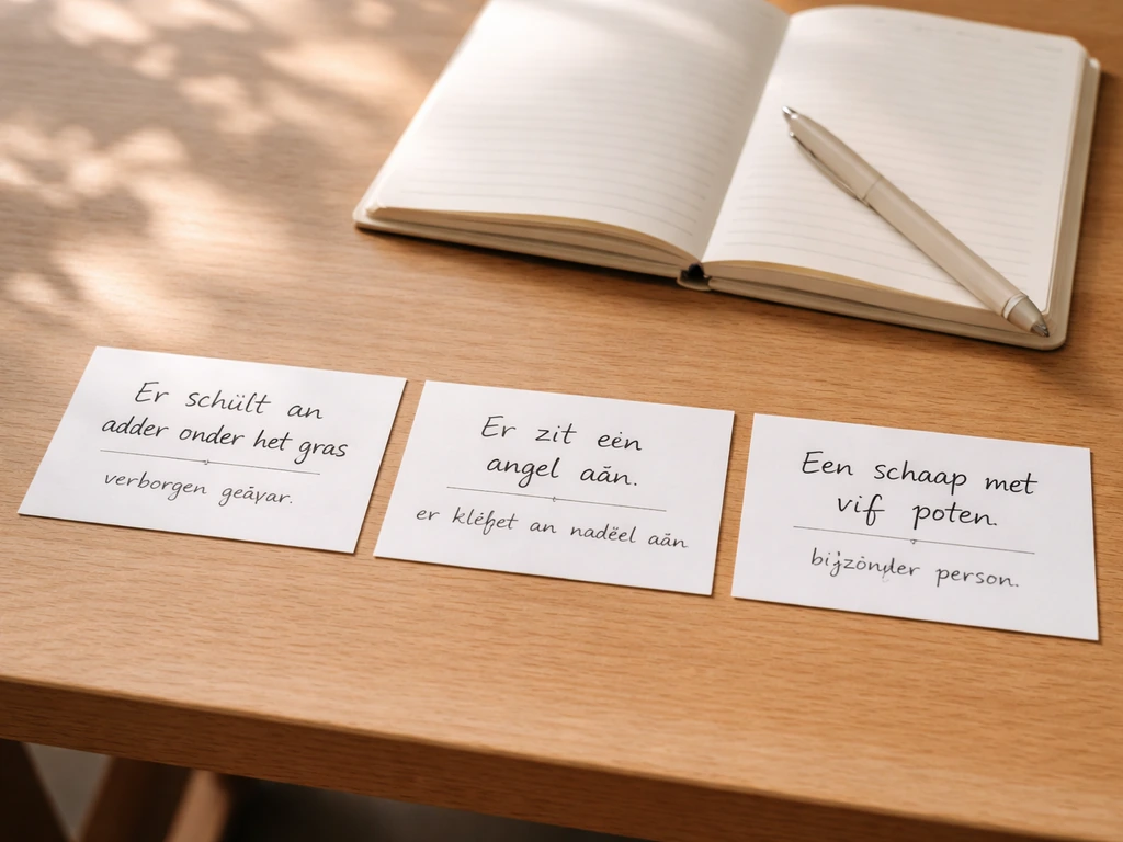Minimalistische foto van kaarten met Nederlandse spreekwoorden naast een notitieboek op een houten bureau.