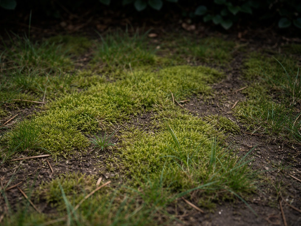 Donkergroen mos groeit tussen schaduwrijke grasresten op een verdichte, vochtige plek in de tuin.