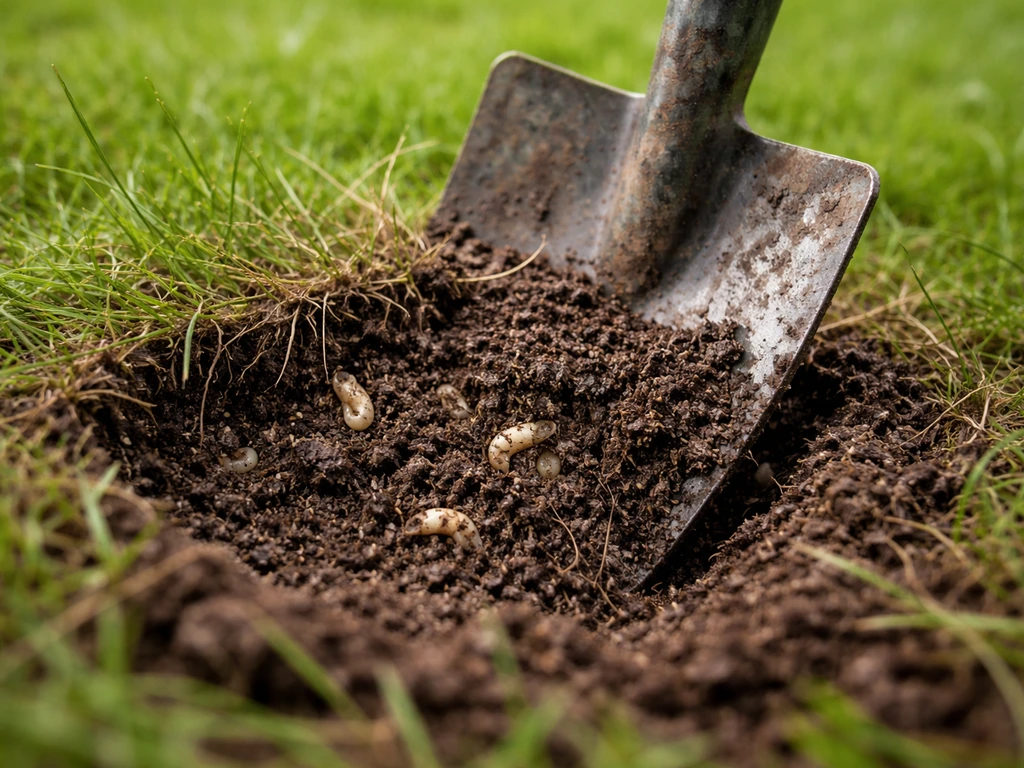 Schep steekt 10–15 cm diep in verdacht gras; grondkluit met larven is zichtbaar.
