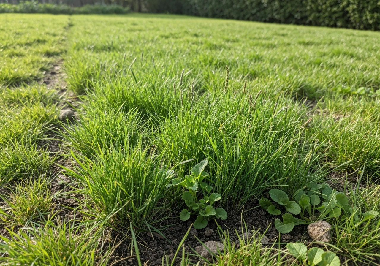 Onkruid tussen pas gezaaid gras: jonge grassprieten met zichtbare onkruidscheuten in een gazon.