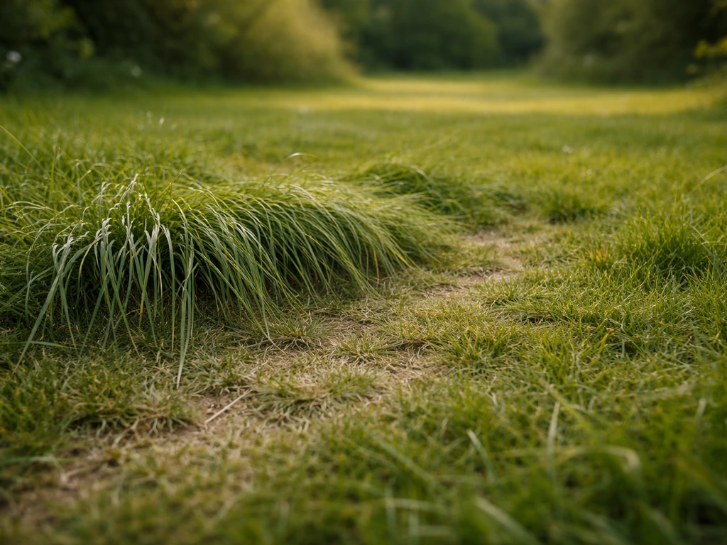 Breedbeeld van een Nederlands gazon met duidelijke lange slap hangende grassprieten als zichtbare ‘lange tafels’.