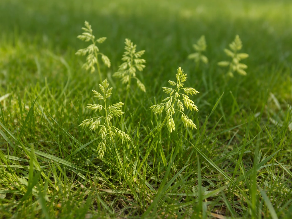 Close-up van lichtgroene hangende plukjes straatgras (Poa annua) tussen het gazon.