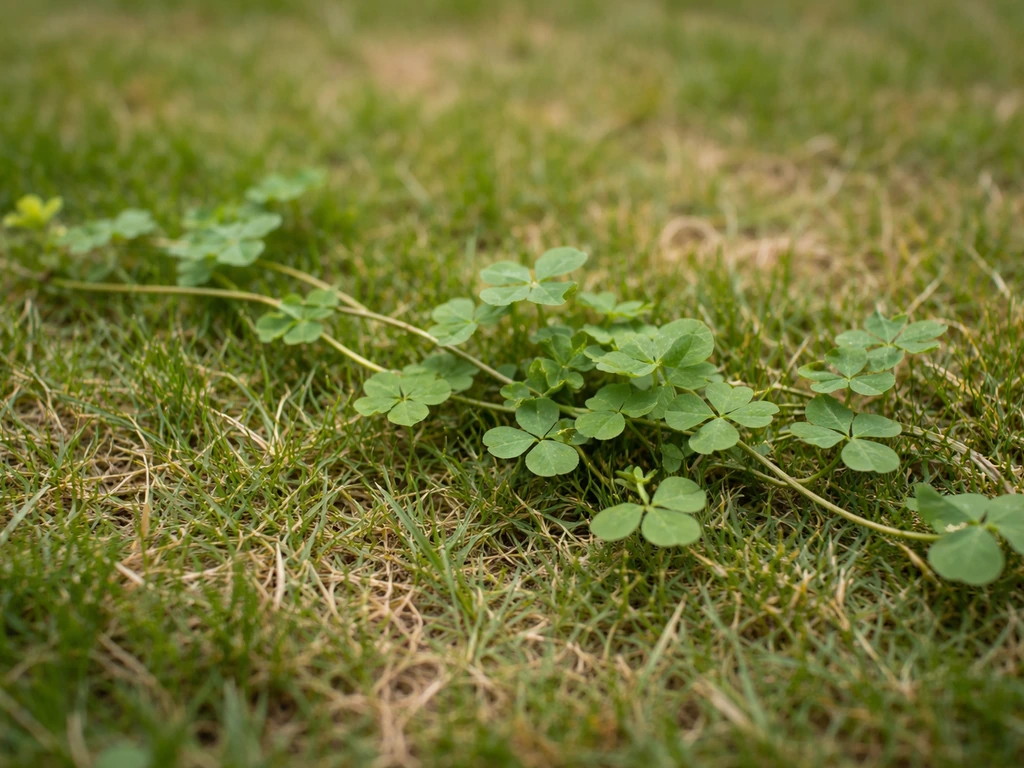 Close-up van klaver op gras met kruipende uitlopers en kleine driehoekige blaadjes.
