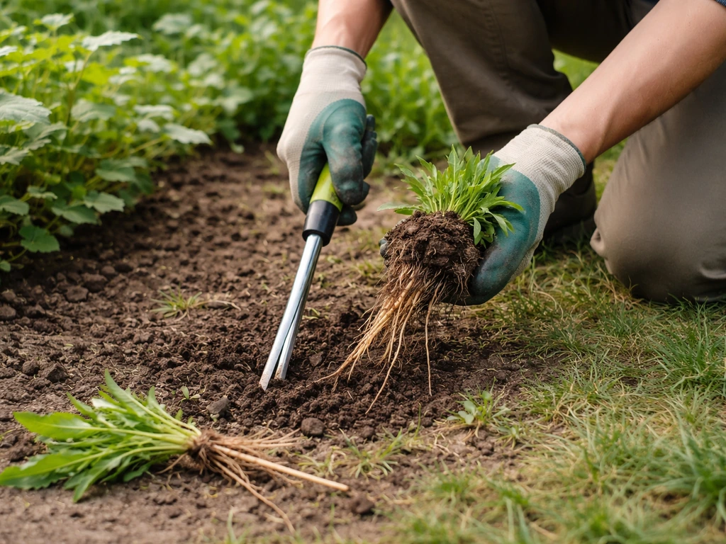 Anonieme tuinier die met een smalle onkruidsteker een pol onkruid met wortel uitsteekt en uittrekt.