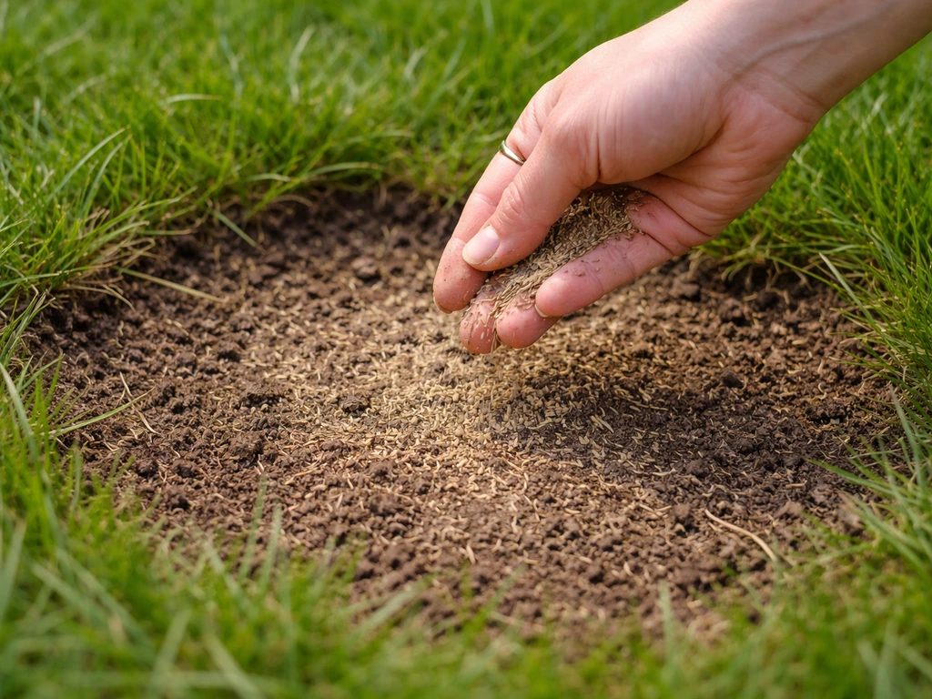 Hand strooit graszaad in een kale plek van het gazon, licht ingewerkt in de grond.