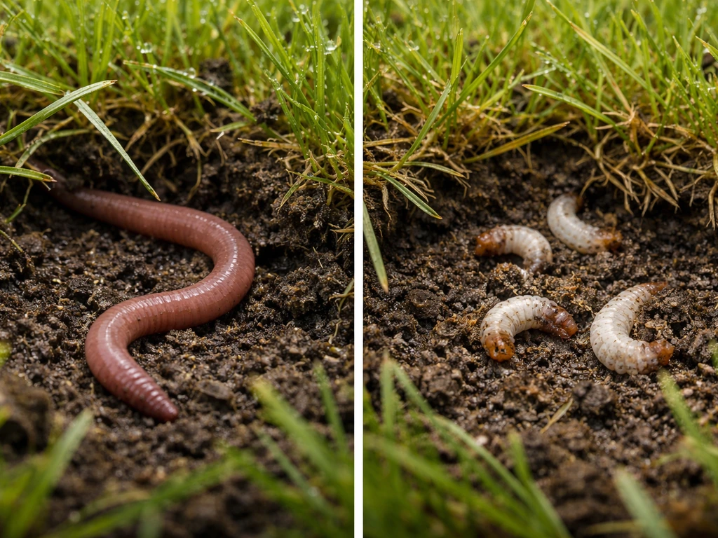Vergelijkende close-up: regenworm in gras en aarde links, kleine larven in/onder de graszode rechts.