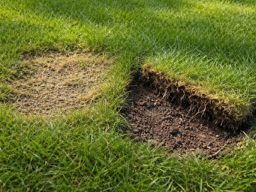 Close-up van een gazon met kale/vergelende plekken en een loslatende graszode door wortelvraat.